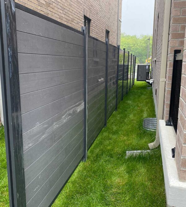 Aluminum Vinyl Fence Panels-Grey Vinyl Fence with Aluminum Post and Aluminum Frame installed in Markham